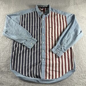 VINTAGE‎ Tommy Hilfiger Shirt Mens Large Denim Chambray Stripe Button Up 90s Y2K
